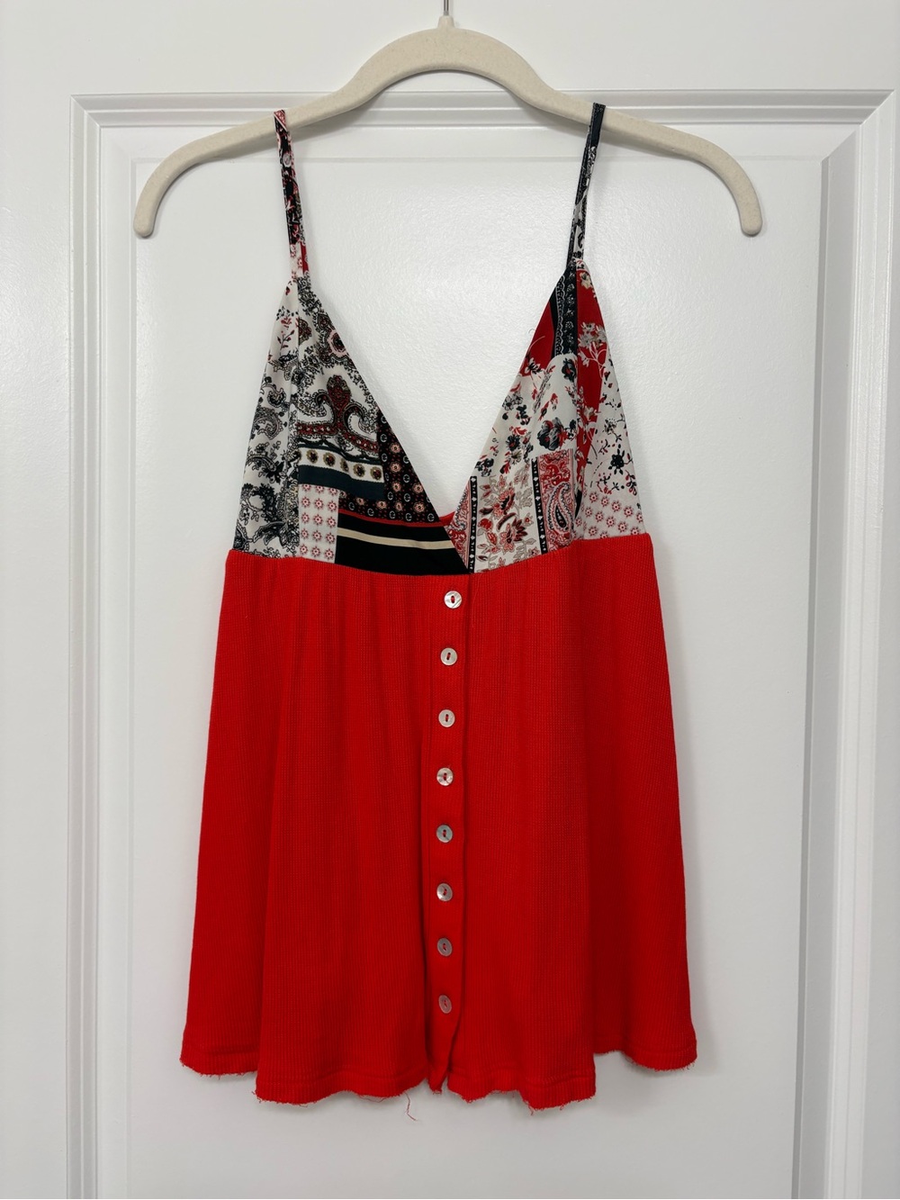 POL Red Patchwork V-Neck Button Front Cami